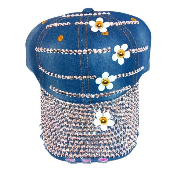 CRYSTAL EMBELLISHED BLUE JEAN BASEBALL CAP HAT W/ WHITE & GOLD DAISES